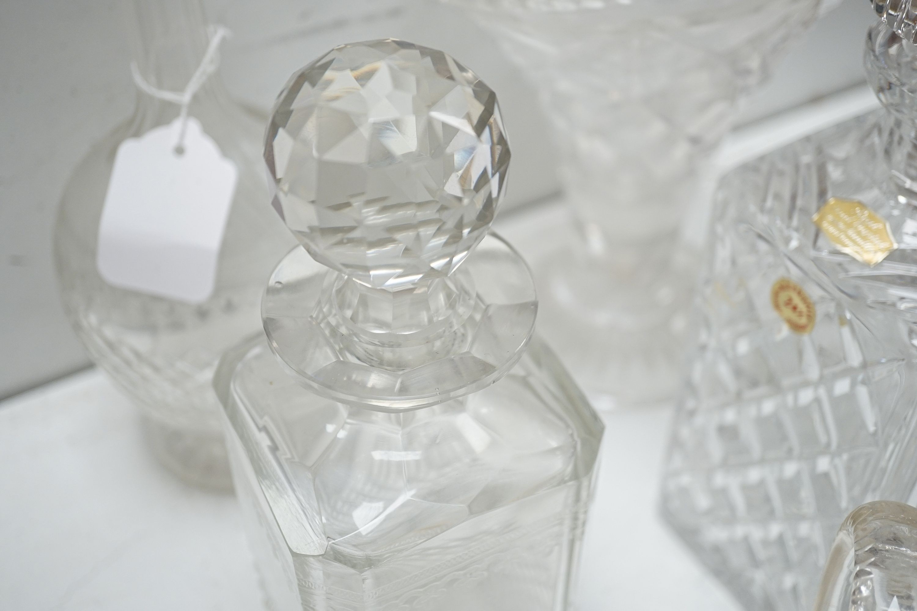 Four cut glass decanters and sundry glassware